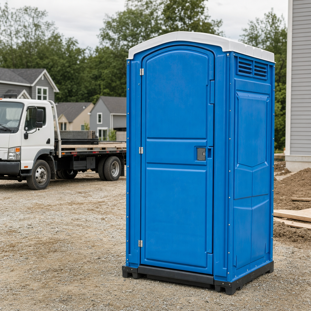 Delivery driver positioning a clean royal-blue portable toilet on level ground at a Henderson worksite
