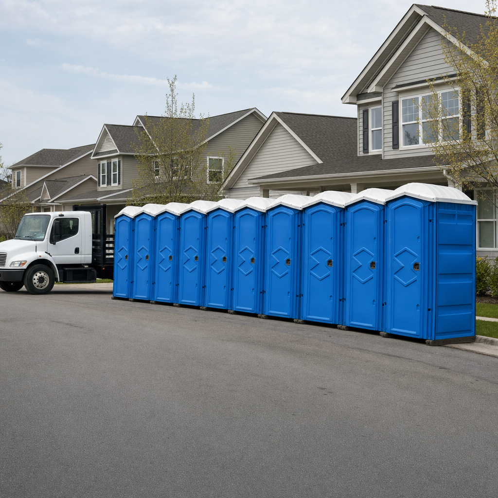 Royal blue portable toilets staged in a tidy row at a Henderson jobsite, ready for delivery
